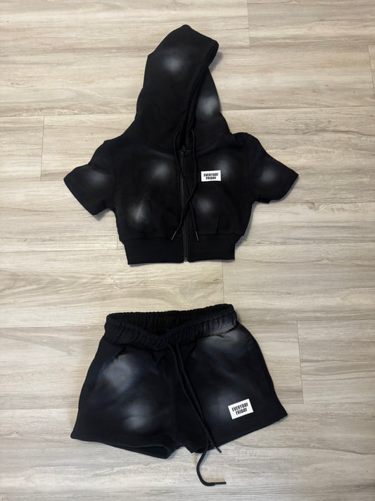 Black Acid Washed Cropped Set