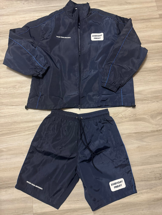 Navy Blue Reflective Windbreaker Short Set